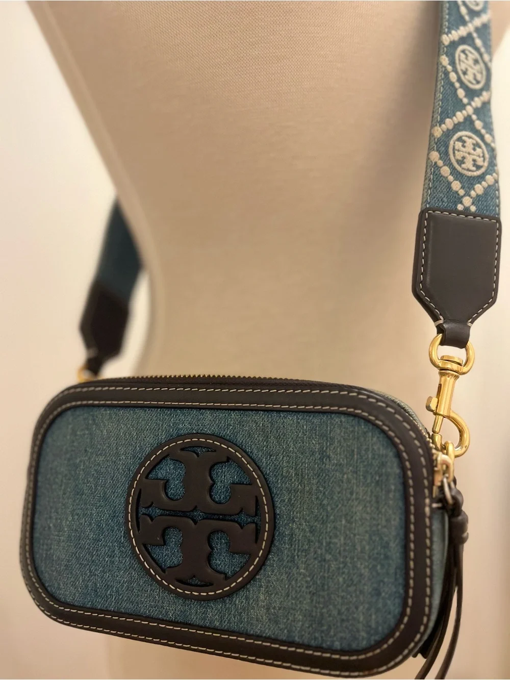 Tory Burch Mini Miller Denim Crossbody Bag Navy Leather Trim Logo Strap